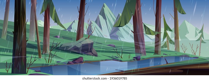 Rain in coniferous forest with lake and mountains