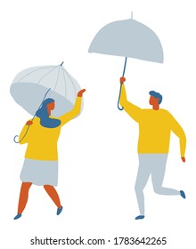 Rain, Couple With Umbrellas Flat Vector