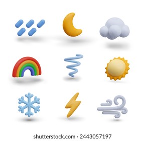 Rain, crescent, cloud, rainbow, tornado, sun, snowflake, lightning, wind