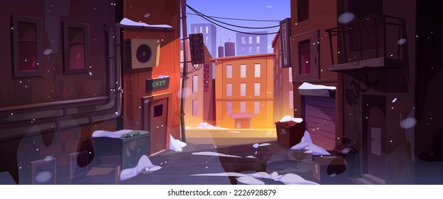 Rain at dark city corner, dirty nook puddles, back exit door, litter bins and scatter garbage, narrow backstreet with old buildings and view on rainy town landscape, Cartoon vector illustration