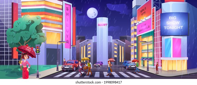 Rain in dark city. Paddles with umbrellas crossing road. People at crosswalk with cars. Wet and rainy weather in night town cartoon vector with hotel, shops or cafe illuminated buildings facades.