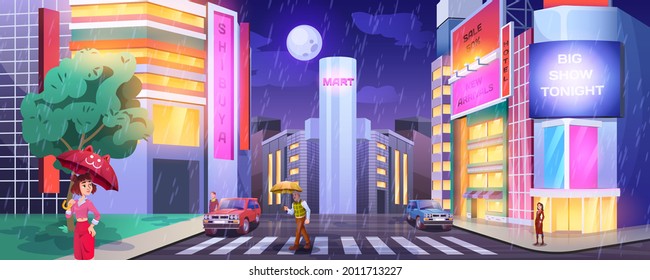 Rain in dark city. People at crosswalk with cars. Paddles with umbrellas crossing road. Wet and rainy weather in night town cartoon vector with hotel, shops or cafe illuminated buildings facades.