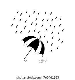 Rain date card. Umbrella and rain on white background. Template for t, apparel, card, poster. Design message element. Vector illustration
