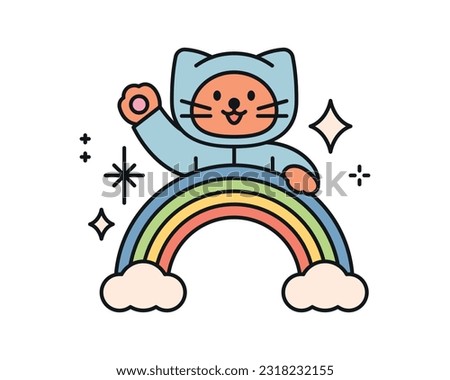Rain day. A cat in a raincoat is saying hello on a rainbow. A cute and simple illustration with a thick outline.