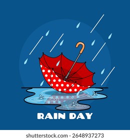 Rain Day to celebrate on July 29th. Illustration of a red umbrella upside down on a puddle of water during the rain.