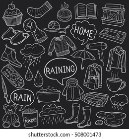 Rain Day Chalk Doodle Icons Hand Made vector illustration sketch.