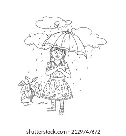 Rain Day Coloring Page Vector Line Art For Book And Drawing.