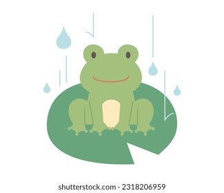 Rain day. A cute frog on a lotus leaf. Simple illustration in flat design style.