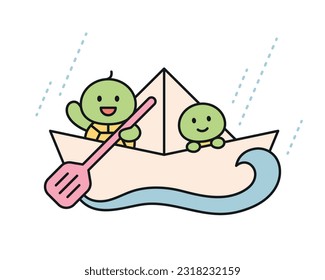 Rain day. Cute turtles are playing on a paper boat. A cute and simple illustration with a thick outline.