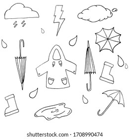 conjunto de iconos del doodle del día de lluvia vectorial