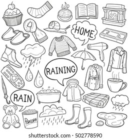 Rain Day Doodle Icons Hand Made vector illustration sketch. 