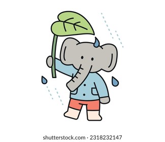 Rain day. An elephant is using a large leaf as an umbrella. A cute and simple illustration with a thick outline.