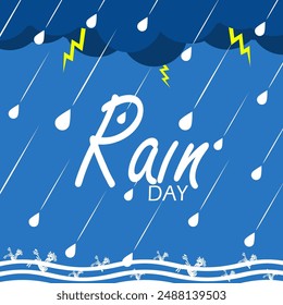 Rain Day event weather banner.  Rain text with cloudy clouds, lightning, raindrops and puddles to celebrate on July 29th