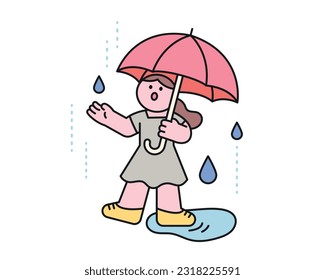 Rain day. A girl is checking the rain with her hand under an umbrella. A cute and simple illustration with a thick outline.