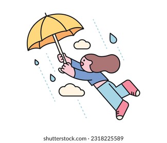 Rain day. A girl is holding an umbrella and blowing away in a strong wind. A cute and simple illustration with a thick outline.