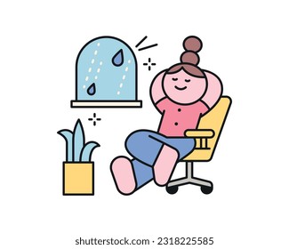 Rain day. A girl sits comfortably in a chair and listens to the sound of rain. A cute and simple illustration with a thick outline.