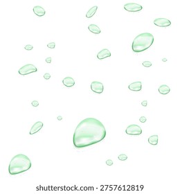Rain day green drop water concept PNG background with green water droplets on transparent window. Emerald shower steam condensation and pure aqua blobs on glass.