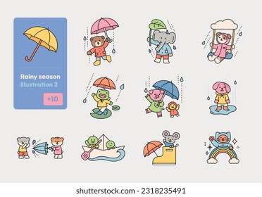 Rain day. Happy anthropomorphic animal character with umbrella. A cute and simple illustration with a thick outline.