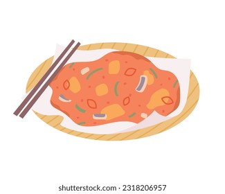 Rain day. Kimchi pancake, a food that Koreans eat on rainy days. Simple illustration in flat design style.