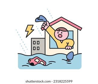 Rain day. A man is signaling for help through a window after a flood. A cute and simple illustration with a thick outline.