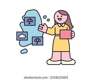 Rain day. A meteorologist is pointing at a map and giving the weather forecast. A cute and simple illustration with a thick outline.