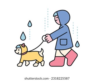 Rain day. A person and a cute dog are walking in raincoats. A cute and simple illustration with a thick outline.