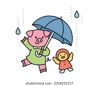 Día de la lluvia. Un cerdo y una chica están jugando bajo la lluvia con un paraguas. Una ilustración bonita y simple con un contorno grueso.