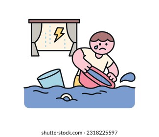 Rain day. It's raining heavily, so a person is scooping a lot of water out of the house. A cute and simple illustration with a thick outline.