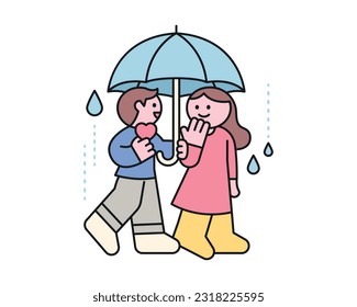 Rain day. A romantic couple sharing an umbrella. A cute and simple illustration with a thick outline.