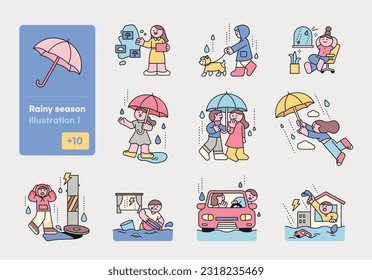 Rain day. Street people with umbrellas and natural disasters. A cute and simple illustration with a thick outline.