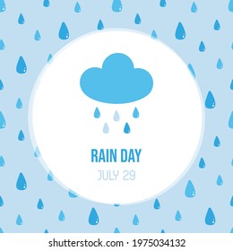 Rain Day vector cartoon style greeting card, illustration with rain, water drops seamless pattern background. July 29.