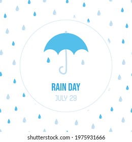 Rain Day vector cartoon style greeting card, illustration with umbrella and rain, water drops seamless pattern background. July 29.
