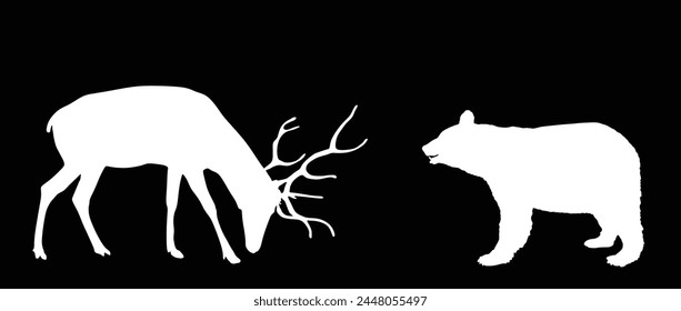 Ilustración de la silueta del Vector del oso negro americano aislado en el fondo. Batalla por la vida y la comida contra el oso. Alce ciervo buck. Poderosas cornamentas enormes contra depredador en el bosque