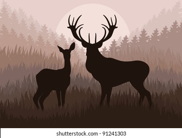 Rain Deer Family In Wild Forest Landscape Background Illustration Vector