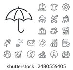 Rain defence sign. Salaryman, gender equality and alert bell outline icons. Umbrella line icon. Safe insurance symbol. Umbrella line sign. Spy or profile placeholder icon. Vector