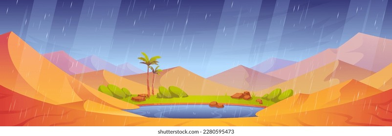 Rain in desert with dunes and oasis lake. Vector cartoon illustration of sandy valley landscape, tropical rainfall season, puddle of blue water, green grass and palm trees on banks, gloomy sky