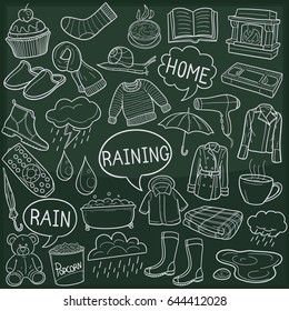 Rain Doodle Icon Chalkboard Sketch.
Raining Day Autumn Season Fall.