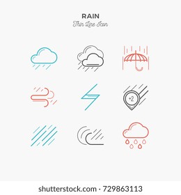 rain, downpour and more, thin line color icons set, vector illustration