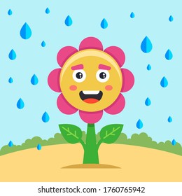 rain is dripping on a joyful flower. arid summer. Flat character vector illustration.