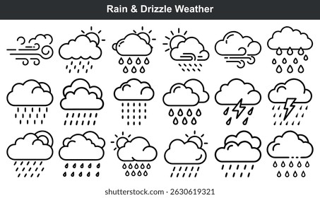 Rain drizzle weather icons cloud symbols set