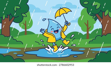 Rain Drop Character Jumping In Puddle Illustration Containing cute weather mascot, rainy season activity, and playful outdoor atmosphere