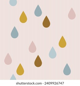 rain drop shaped colorful decor geometric abstract elements. Isolated vector pastel colorful seamless pattern on vertical stripped light pink background.