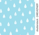 Rain drop watercolor seamless pattern vector. Rainy season, raining sky, liquid. White droplet on light blue sky. Simply design for fabric, cloth, dress, card, print, wrapping, paper, cover, decor.
