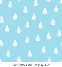 Regentropfen Aquarell nahtlose Muster Vektorgrafik. Regenzeit, Regenhimmel, Flüssigkeit. Weißes Tröpfchen am hellblauen Himmel. Einfach Design für Stoff, Stoff, Kleid, Karte, Druck, Verpackung, Papier, Abdeckung, Dekor.