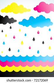 Rain droplets of colored ink of the color of clouds