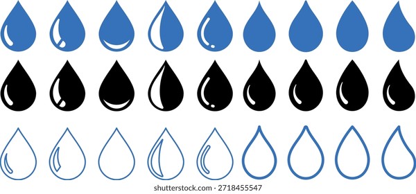 Ícones de gotas de chuva definidos em vários estilos, coleção de vetor gota de água