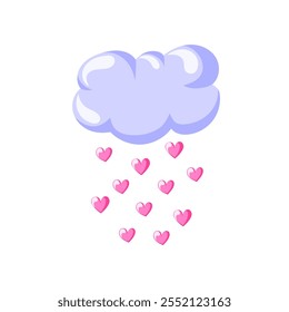 Rain drops cloud with heart in cartoon style. Design for nursery, card and Valentines day. Isolated on white background.