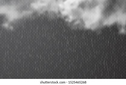 Rain drops with clouds on transparent background. Falling water drops. Nature rainfall. Stormy weather effect. Vector illustration.