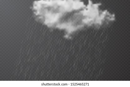 Rain drops with clouds on transparent background. Falling water drops. Nature rainfall. Stormy weather effect. Vector illustration.