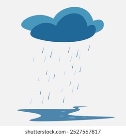 Rain drops with clouds and puddle vector background. Rainy weather icon. Falling water drops. Nature rainfall. Autumn or spring rainy day.